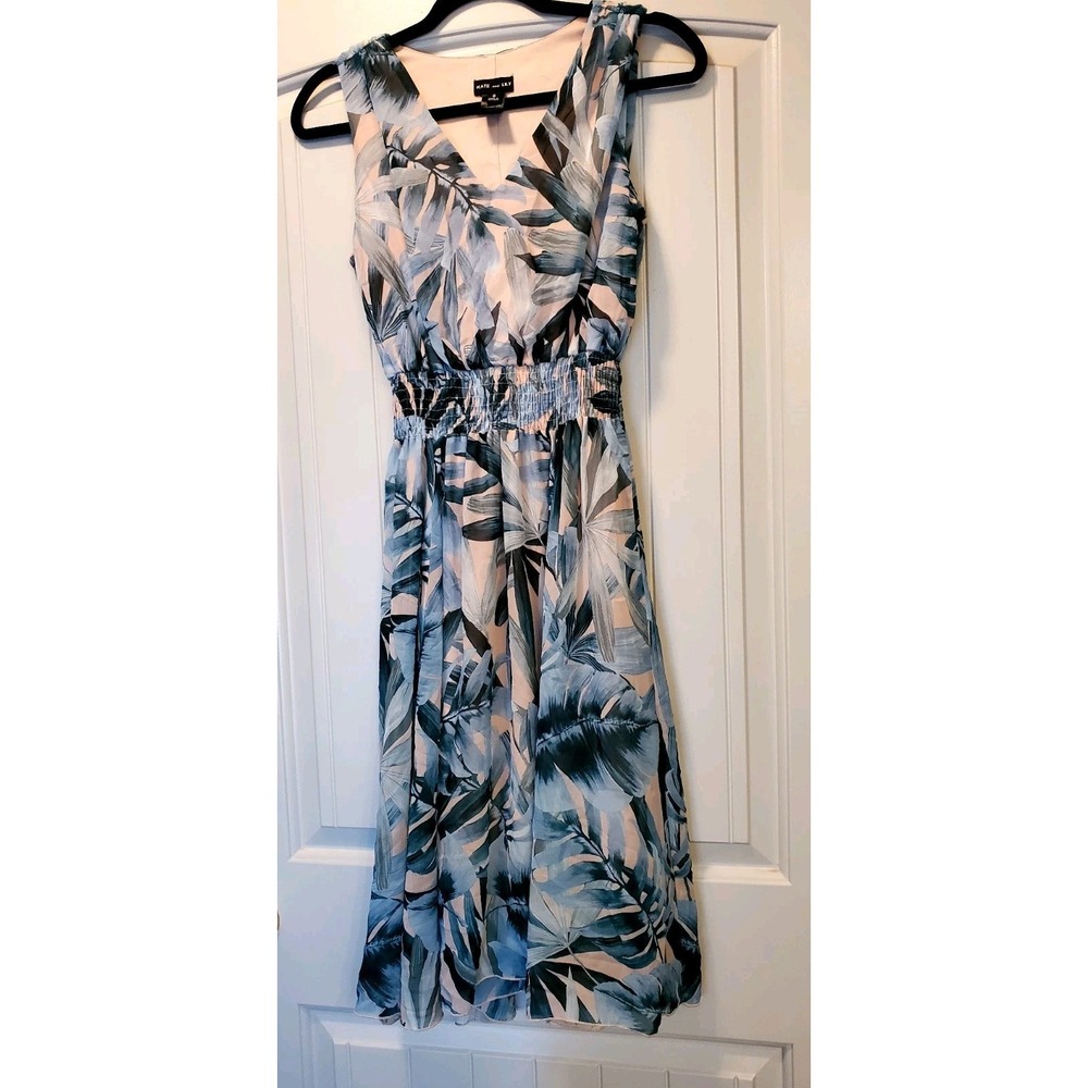 Kate and Lily Sleeveless Fit Flare Dress Size 8 Tropical Palm Leaf Smocked Waist